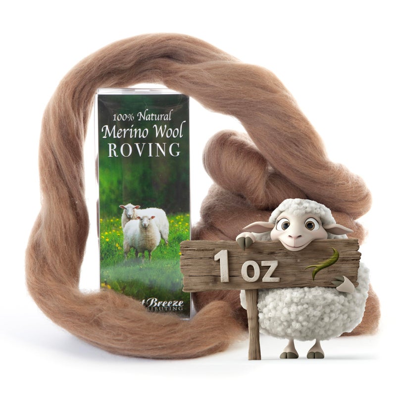 Desert Breeze Distributing 100% Natural Merino Wool Roving - Premium Combed Top Merino Roving Wool - Tapestry, Spinning, Wet Felting & Needle Felting Supplies - 21.5 Micron - 1 oz, Color Oak Brown - Image 1
